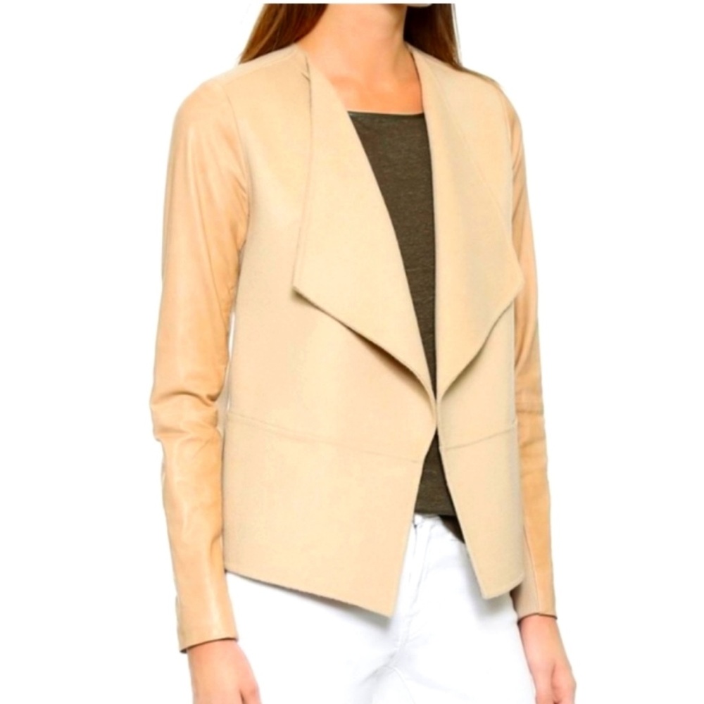 NWT Vince Draped Front Leather Sleeve Wool Jacket, Size Small